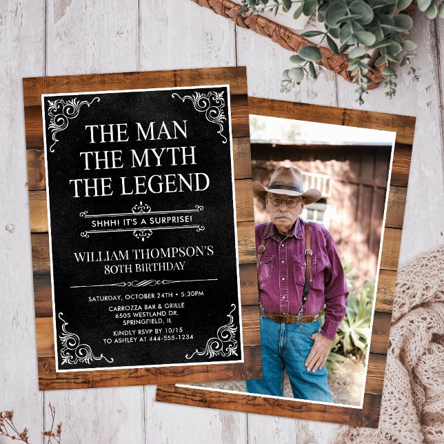 Invitation Rustic Man Myth Légende Surprise Photo 80 Annivers (Créateur téléchargé)