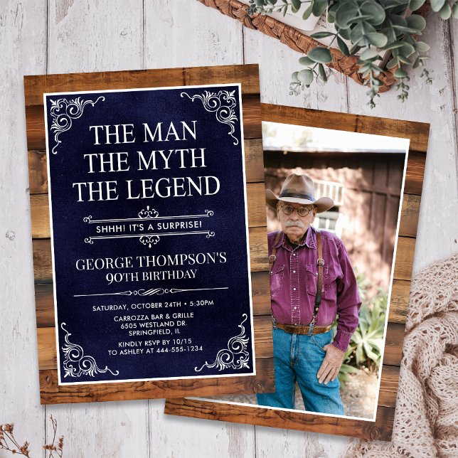 Invitation Rustic Man Myth Légende Surprise Photo 90 Annivers (Créateur téléchargé)