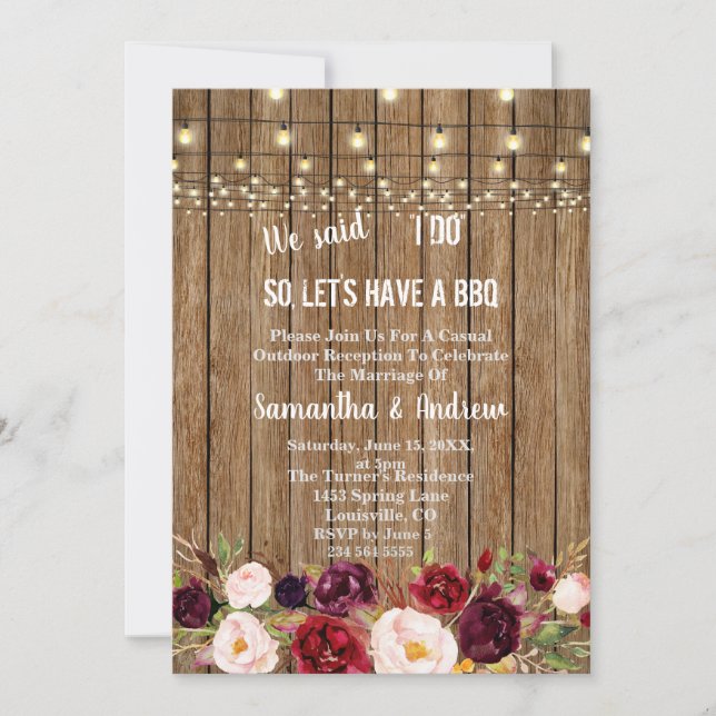 Invitation Rustic Marsala Floral Vieux grange I DO BBQ Invita (Devant)
