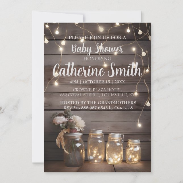 Invitation Rustic Mason Jar Baby shower Wood Grange Arrière - (Devant)