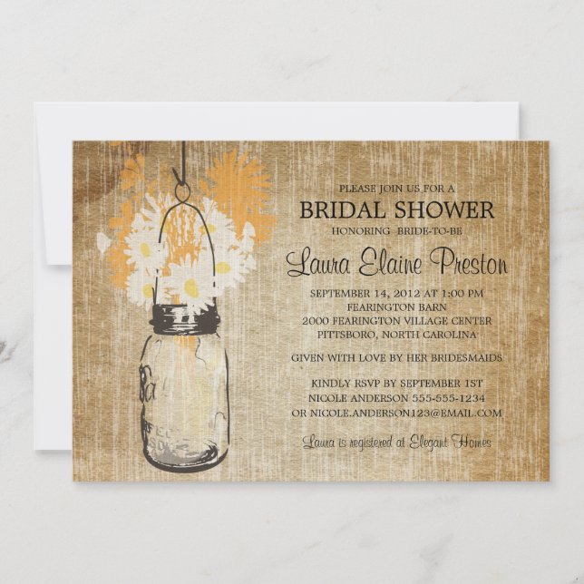 Invitation Rustic Mason Jar et Fleur sauvage Daisies (Devant)