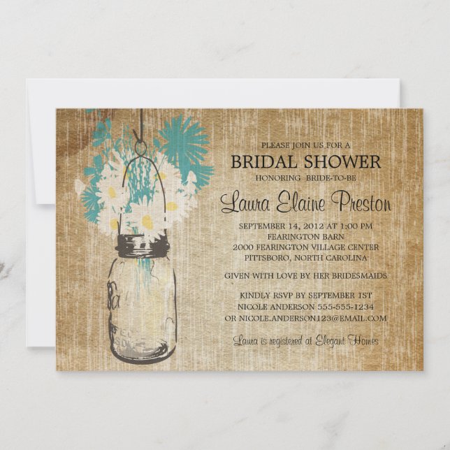 Invitation Rustic Mason Jar et Fleur sauvage Daisies (Devant)