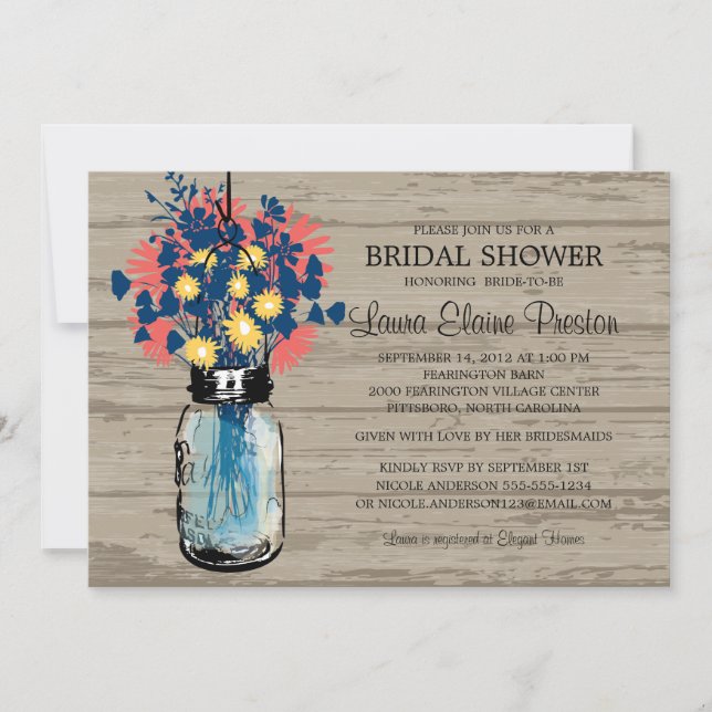 Invitation Rustic Mason Jar Fête des mariées Fleur sauvage (Devant)