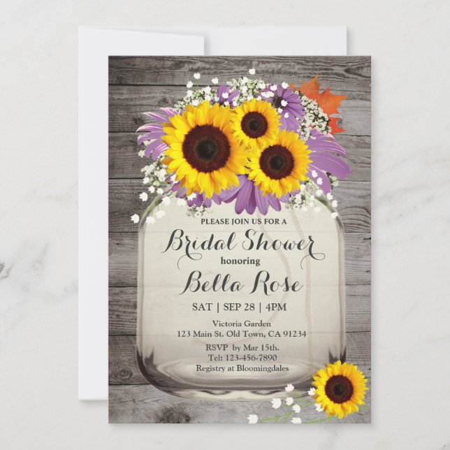 Invitation Rustic Mason Jar Fête des mariées tournesol Invita (Devant)