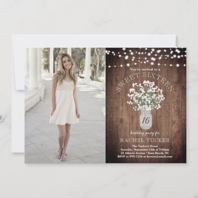 Invitation Rustic Mason Jar Lights Sweet 16 Anniversaire Phot (Devant)