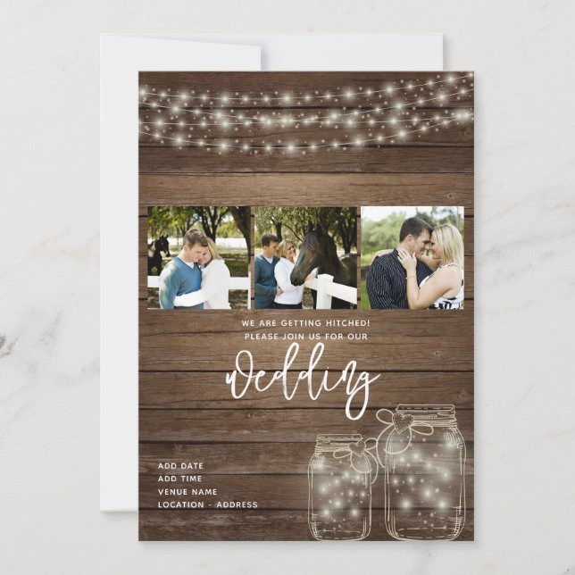 Invitation Rustic Mason Jar Lumières Photo Collage Mariage (Devant)