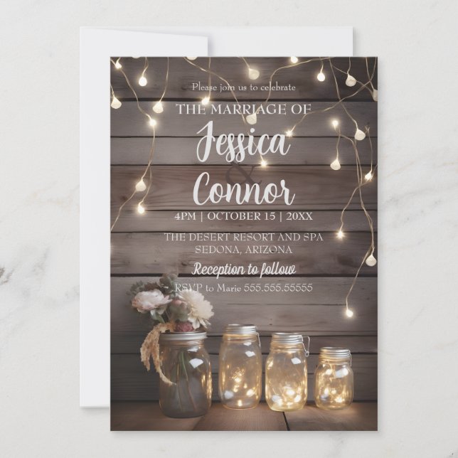 Invitation Rustic Mason Jar Mariage Wood Barn Arrière - plan (Devant)
