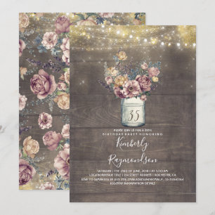 Invitation Rustic Mason Jar Mauve et Gold Birthday Party