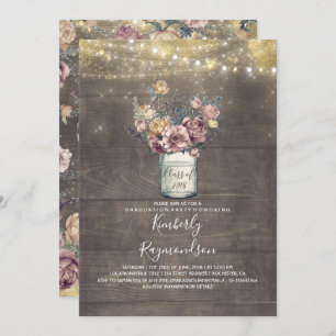 Invitation Rustic Mason Jar Mauve et Gold Graduation Party