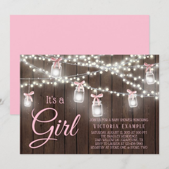 Invitation Rustic Mason Jar String Light Baby Girl Douche Inv (Devant / Derrière)