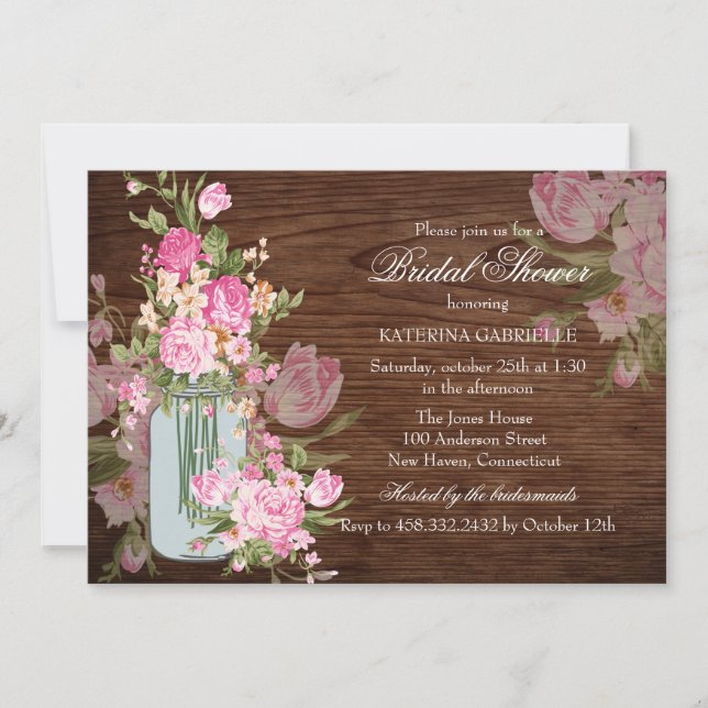 Invitation Rustic Mason Jar & Wood Fête des mariées Invitatio (Devant)