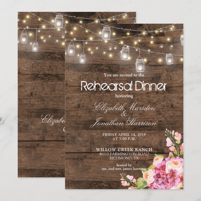 Invitation Rustic Mason Jars illumine le dîner de répétition  (Devant / Derrière)