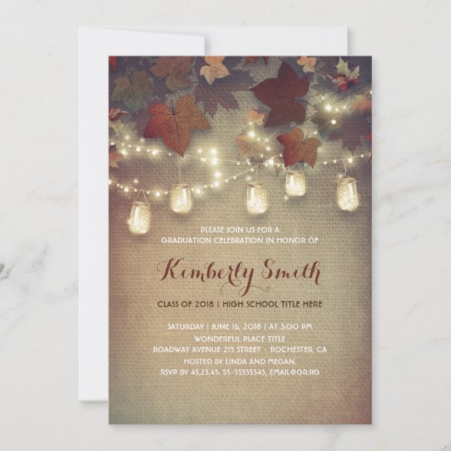 Invitation Rustic Mason Jars Lumières Automne Graduation Part (Devant)