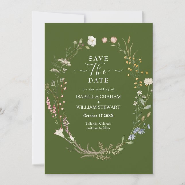 Invitation Rustic Moss Green Boho Fleur sauvage Enregistrer l (Devant)