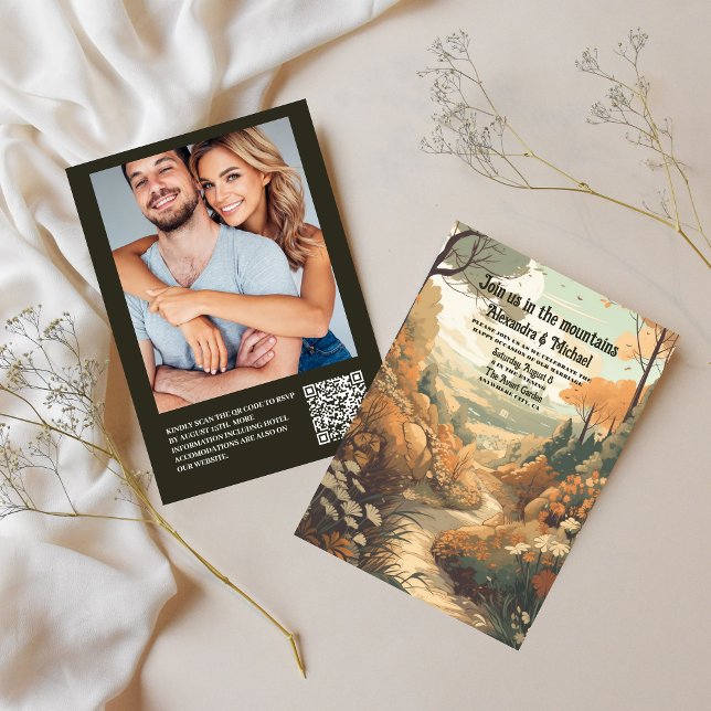 Invitation Rustic Mountain Forest Code QR Mariage À feuillage (Créateur téléchargé)
