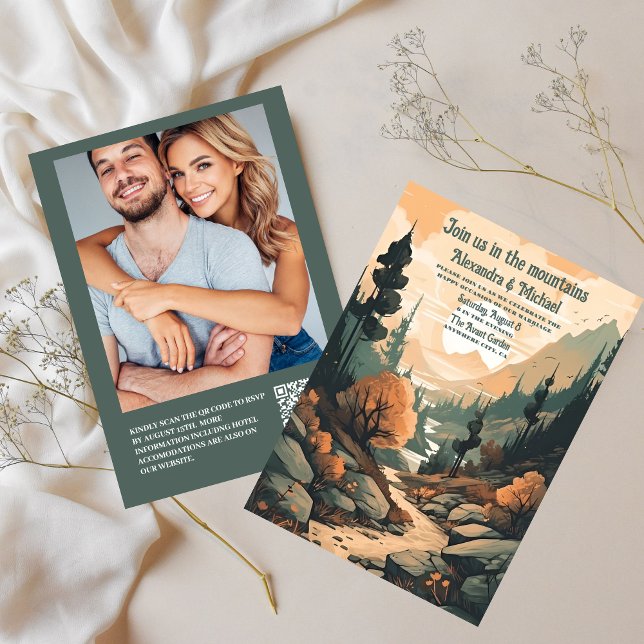Invitation Rustic Mountain Forest Code QR Mariage À feuillage (Créateur téléchargé)