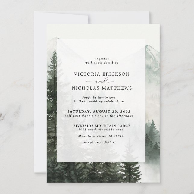 Invitation Rustic Mountain Forest Evergreen Tree Wedding (Devant)