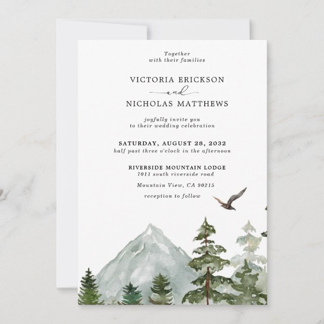 Invitation Rustic Mountain Forest Evergreen Tree Wedding (Devant)