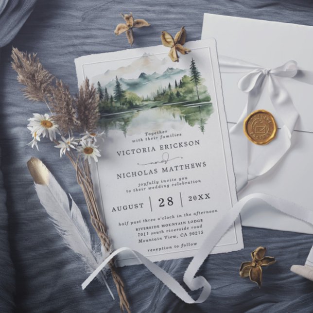 Invitation Rustic Mountain Forest Lake Budget QR Code Wedding (Créateur téléchargé)