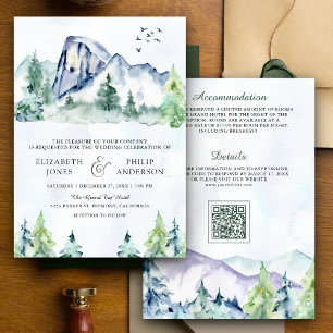 Invitation Rustic Mountain Pine Trees Forêt QR Code Mariage