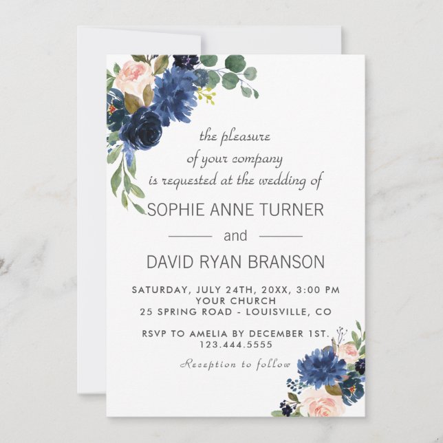 Invitation Rustic Navy Blue Blush Flowers Bloom Mariage (Devant)