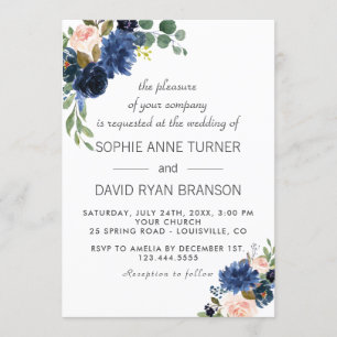 Invitation Rustic Navy Blue Blush Flowers Bloom Mariage