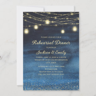 Invitation Rustic Navy Blue Gold String Lights