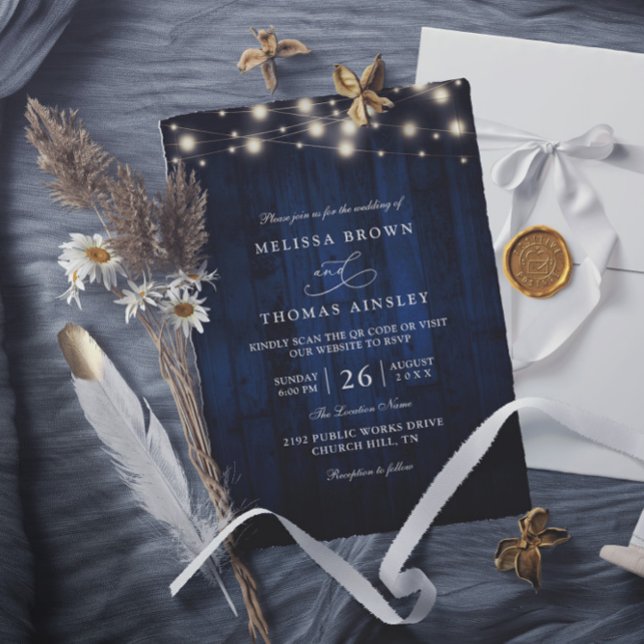 Invitation Rustic Navy Blue Wood String Light QR Code Wedding (Créateur téléchargé)