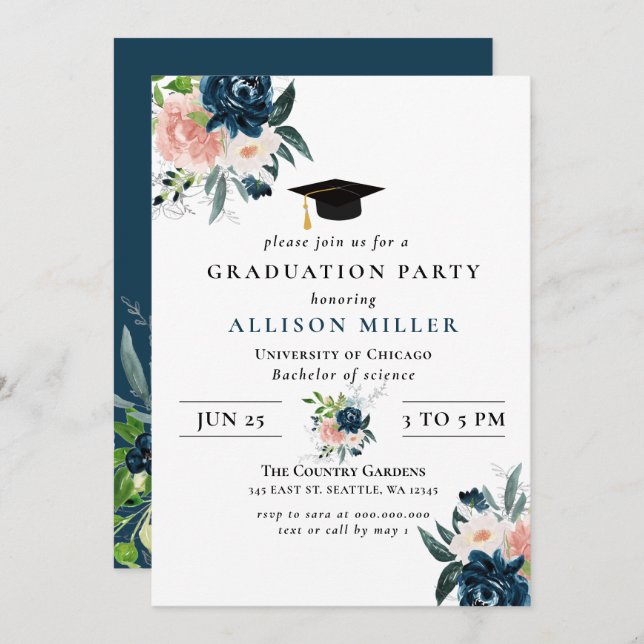Invitation Rustic Navy Blush Floral Botanical Graduation (Devant / Derrière)