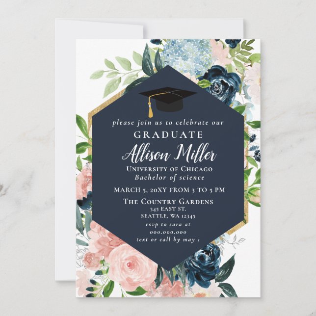 Invitation Rustic Navy Blush Floral Botanical Graduation (Devant)