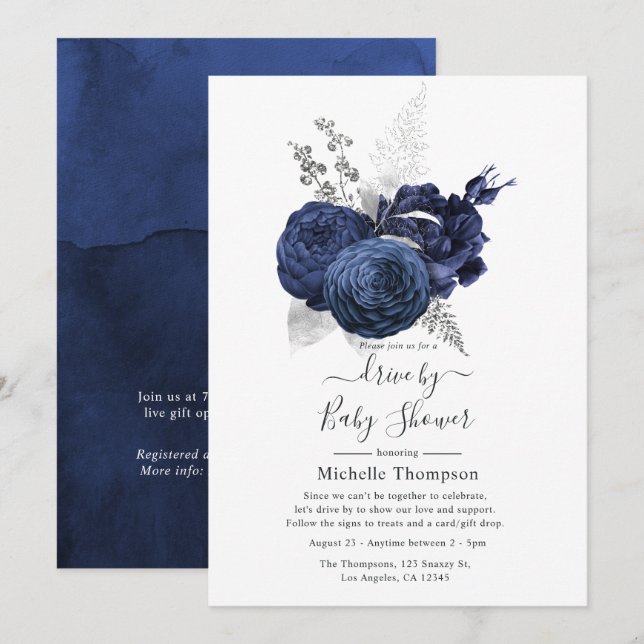Invitation Rustic Navy & Faux Parties scintillant Silver Driv (Devant / Derrière)