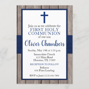 Invitation Rustic Navy & Wood Boy First Holy Communion