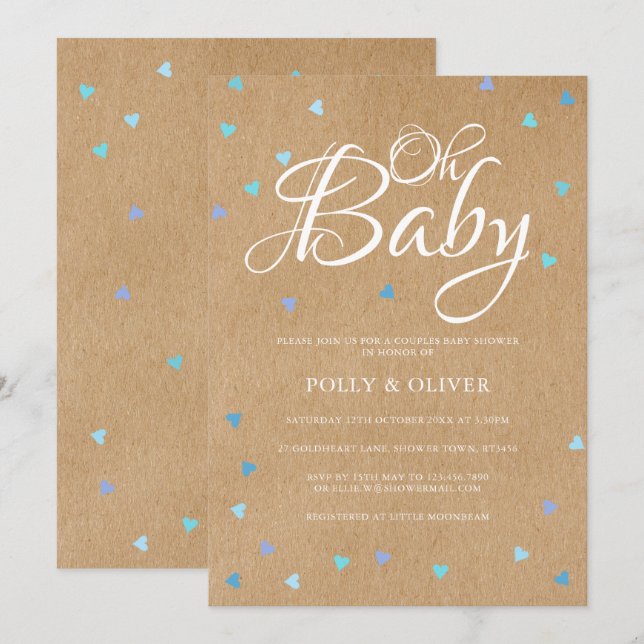 Invitation Rustic Oh Baby Love Hearts Couples Baby Boy Shoy (Devant / Derrière)