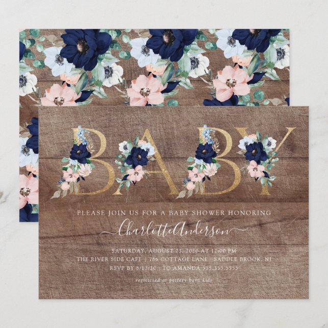 Invitation Rustic Oh Baby Marine Bleu Blush Baby shower flora (Devant / Derrière)