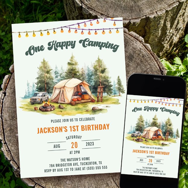 Invitation Rustic One Happy Camper 1ère fête d'anniversaire (Créateur téléchargé)
