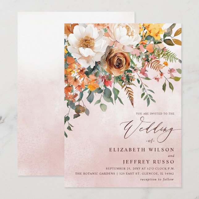 Invitation Rustic Orange Floral Fall Wedding (Devant / Derrière)