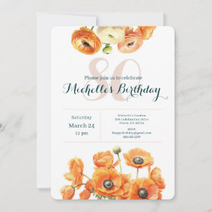 Invitation Rustic Orange Garden Floral 80e fête d'anniversair