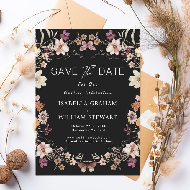 Invitation Rustic Pastel Fleur sauvage Boho Noir Enregistrer  (Créateur téléchargé)