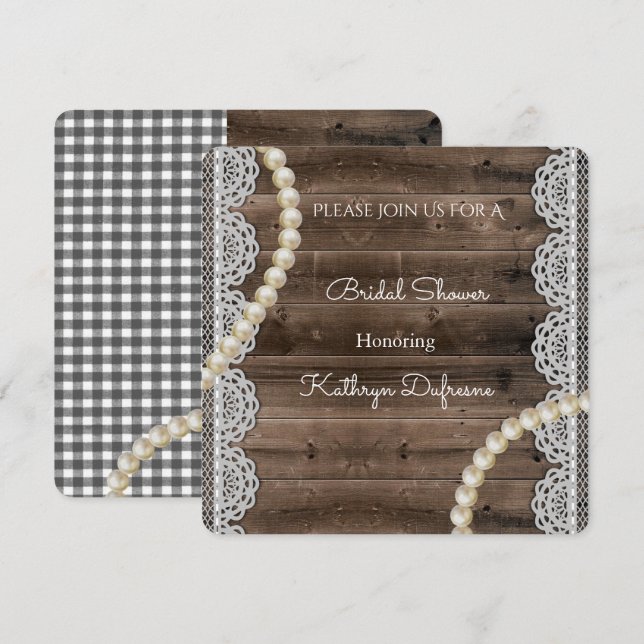 Invitation Rustic Pearls & Lace Bridal Douche (Devant / Derrière)