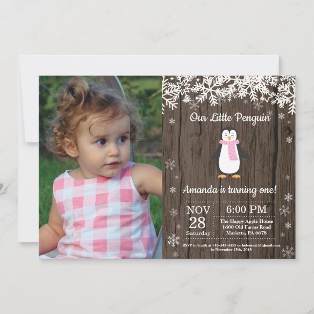 Invitation Rustic Penguin Winter Girl Photo Anniversaire (Devant)