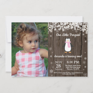Invitation Rustic Penguin Winter Girl Photo Anniversaire