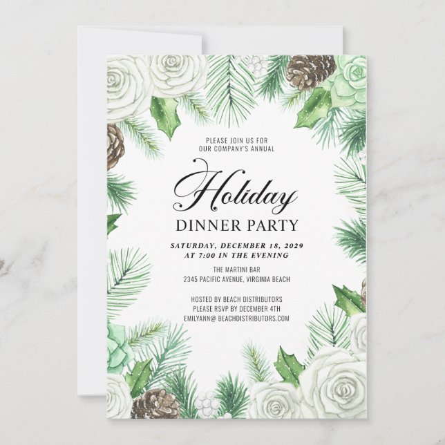 Invitation Rustic Pine Holly Dîner de vacances d'entreprise (Devant)