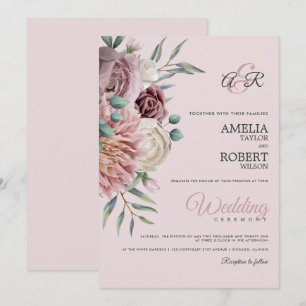 Invitation Rustic Pink Floral on Olive Green