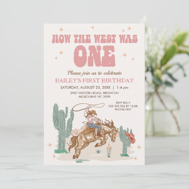 Invitation Rustic Pink Retro Comment West a été un 1er annive (Debout devant)