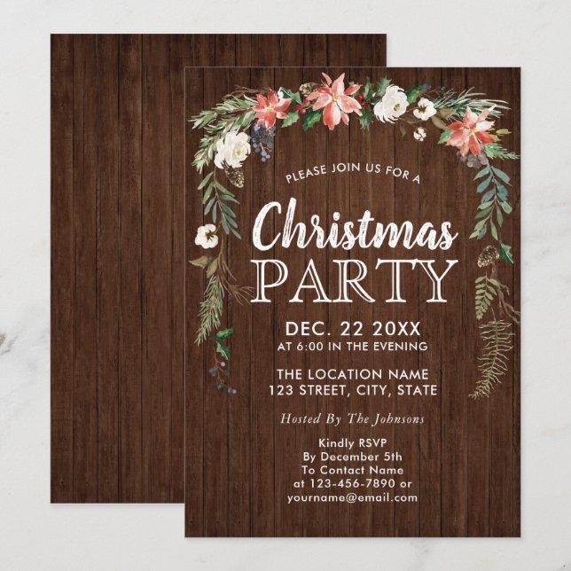 Invitation Rustic Poinsettia Floral Drop Bois Noël (Devant / Derrière)