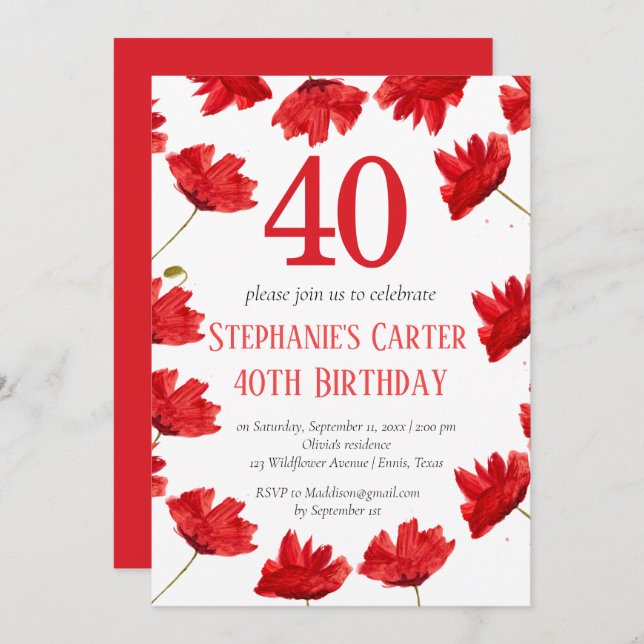 Invitation Rustic Poppy 40e anniversaire Fleur sauvage Rouge  (Devant / Derrière)