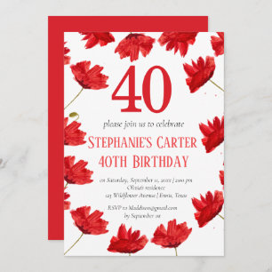 Invitation Rustic Poppy 40e anniversaire Fleur sauvage Rouge
