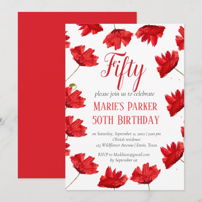 Invitation Rustic Poppy 50e anniversaire Fleur sauvage Rouge  (Devant / Derrière)