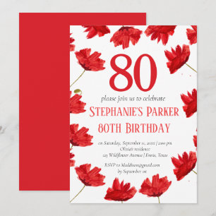 Invitation Rustic Poppy 80e anniversaire Fleur sauvage Rouge 
