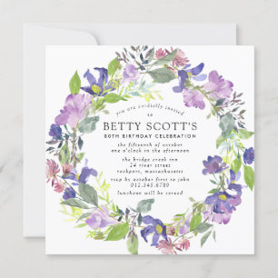 Invitation Rustic Purple et Blue Floral 80e fête d'anniversai